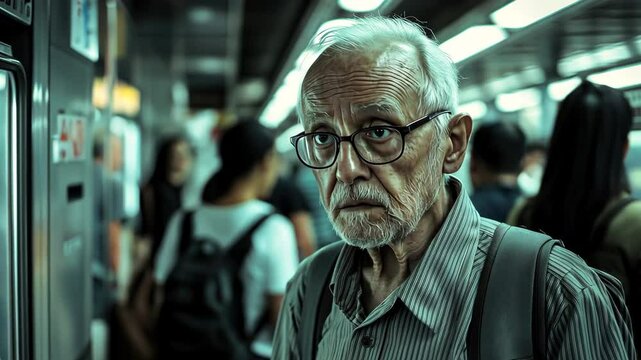 Elderly man searches for direction in crowded subway station during rush hour in urban setting