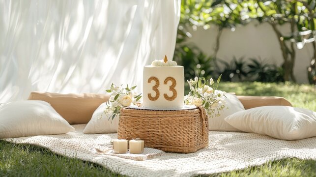 Beautiful Afternoon Picnic in the Garden with 33th Birthday Cake and Floral Decorations
