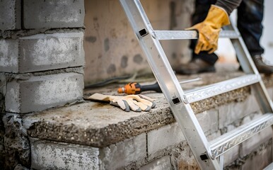 Construction worker using ladder and tools for home renovation in the afternoon