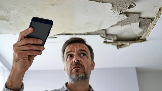 Man documenting water damage on ceiling in living room while holding smartphone and assessing situation