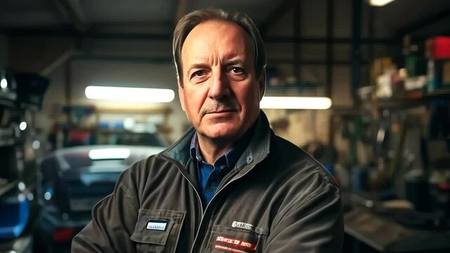 Confident mechanic stands in workshop with car during daytime showcasing skills and expertise in auto repair