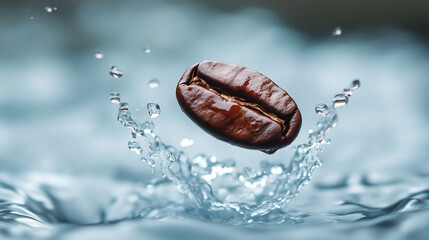 A coffee bean floating in the air with a splash of water, a commercial photo background.