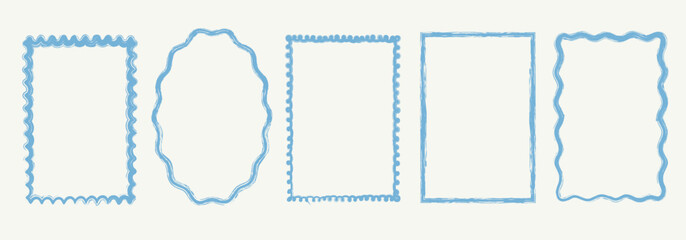 Set of hand-drawn wavy marine frames. Vintage chalk or ink sketch style. Coastal summer design for posters, menu, invitation, label, packaging, social media. Vector illustration.