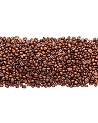 Roasted coffee beans arranged in a wavy line against a white background
