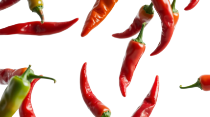 Flying chili peppers isolated on transparent background