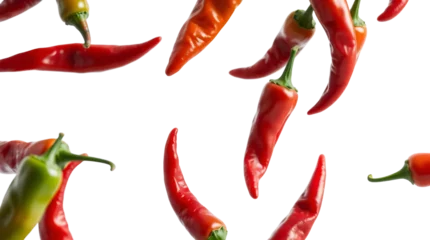 Flying chili peppers isolated on transparent background