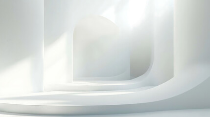 A white room with a white archway and a white staircase