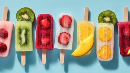 Colorful Fruit Popsicles on Blue Background with Fresh Ingredients for Summer Refreshment