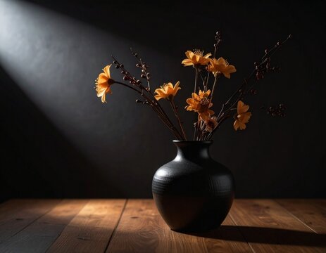 Handthrown handmade black ceramic vase floral arrangement with flowers arranged on a table top in dark gritty moody lighting shadows shade romantic