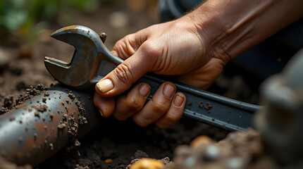 Close up of hand working on the plumbing pipe with dirty situation. Plumber worker wearing glove using the wrenches to fix water pipe. 