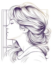 Serene profile of a woman with flowing hair, depicted in a minimalist line art style against a subtle geometric background
