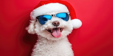 Playful dog in Santa hat and sunglasses