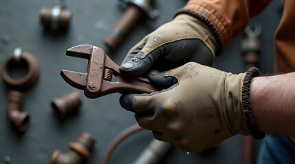 Close up of hand working on the plumbing pipe with dirty situation. Plumber worker wearing glove using the wrenches to fix water pipe. 