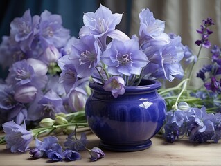 Delphinium flowers in shades of blue and pink.