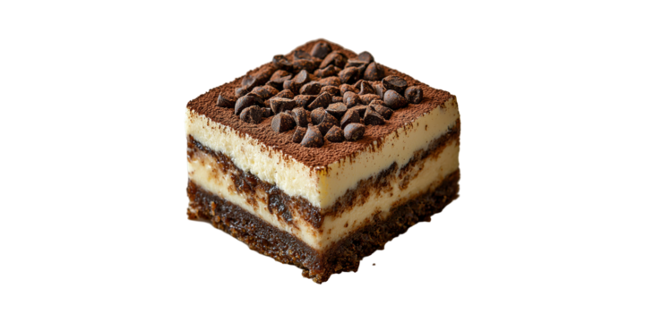 Tiramisu Dessert Slice With Chocolate Chips. Italian Coffee-Flavored Layered Cake Isolated On Transparent Background
