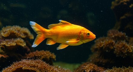 Fototapeta premium Vibrant Orange Koi Fish in Aquarium - A single, bright orange koi fish swims gracefully amidst underwater coral formations. Its scales shimmer