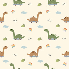Dinosaur play skateboard cartoon so cute. On rainbow cloud bird mountain  background. Pattern seamless vector illustration. 