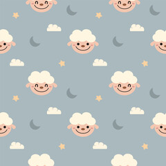 Face sheep smile cartoon so cute. On star moon cloud background. Pattern seamless vector illustration. 