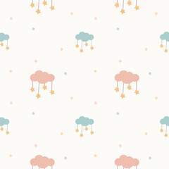 Cloud blue pink and star cartoon so cute. On polka dots white background. Pattern seamless vector illustration. 