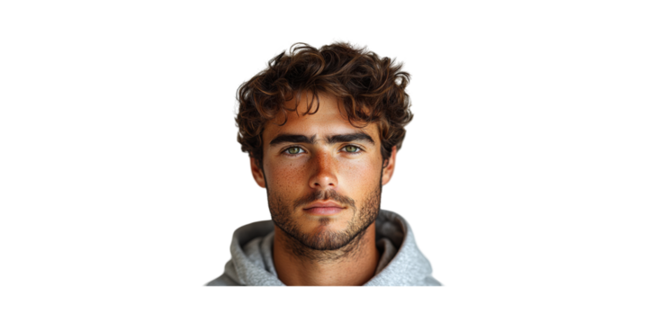 Young Man With Curly Hair In Hoodie. Casual Style And Confidence Isolated On Transparent Background