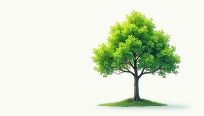 Fototapeta premium Lone sapling, vibrant green foliage, pure white background, fragile, small