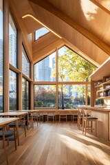 Sunlit wooden interior with expansive windows showcasing city views and autumn foliage