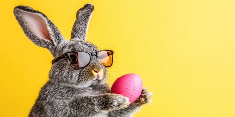 Gray bunny with sunglasses holding a pink Easter egg