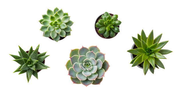 Succulent arrangement flat lay on white background with shadows, modern botanical design concept image