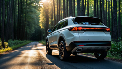 Modern suv car driving on scenic forest road at sunset