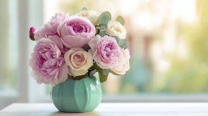 Pink peonies and roses in a ceramic vase, soft pastel background - Elegant floral harmony in gentle light