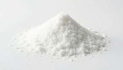 Pile of white granulated sugar on white background, domestic, copy space