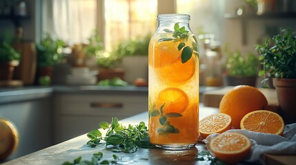 Fototapeta premium Refreshing citrus drink in glass jar