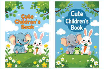 Cute Elephant Rabbit And Frog On Hill Illustrations For Childrens Book