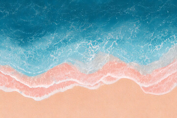 Oceanic Embrace: A serene aerial view of a sandy beach meeting the vibrant turquoise ocean, capturing the gentle rhythm of waves as they meet the shore