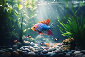 Naklejka premium The smooth movements of the fish among the algae in the aquarium create the effect of calm, which is emphasized by soft lighting.