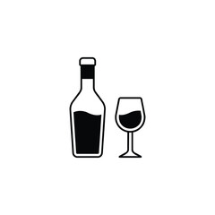 Black silhouette of a wine bottle and glass isolated on white background.
