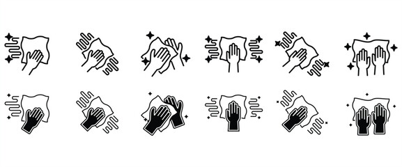 Cleaning cloth icon set. Vector icon set featuring various movements of equipment. Cleaning cloth symbol. Household appliances sign. Vector illustration on transparent background. Flat Icon Set