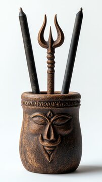 A realistic shot of a pen holder with a Shiva trident design, realistic ceramic, clean white background, soft lighting
