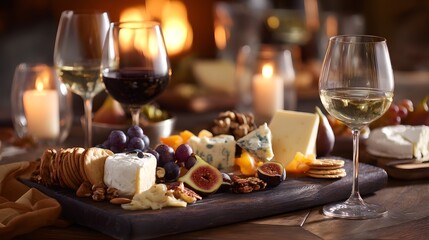 Fototapeta premium Cheese Board and Wine: Elegant Gourmet Appetizer
