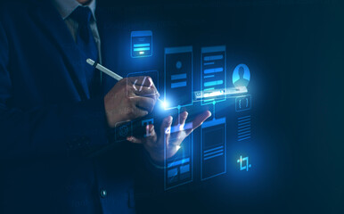 UI, UX, Mobile app user interface designs, digital software, smartphone app development concept, Programmer designing develop prototype wireframe, UI code background.