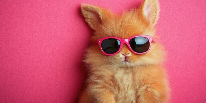 Adorable fluffy orange bunny rabbit wearing pink sunglasses, posed against a vibrant pink background