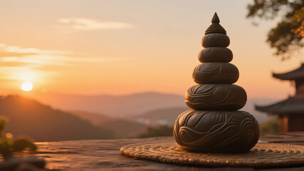 Under the sunset, the stone pagoda creates a tranquil atmosphere, representing the inner order and Zen spirit pursued by yoga. It is suitable for Zen yoga classes and meditation promotion.