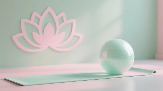 The combination of yoga balls and lotus patterns represents the combination of modern yoga aids and traditional elements, suitable for yoga training courses and showcasing unique yoga spaces.