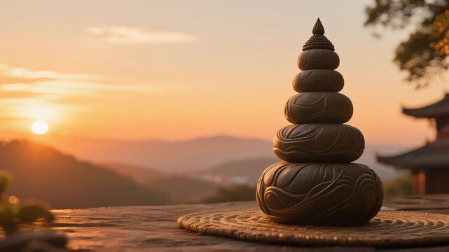 Under the sunset, the stone pagoda creates a tranquil atmosphere, representing the inner order and Zen spirit pursued by yoga. It is suitable for Zen yoga classes and meditation promotion.