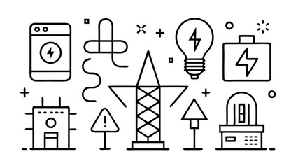 Fototapeta premium Electricity line icon set displaying power lines and lighting icons to represent energy distribution and management