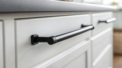 Close-up of sleek black handles on clean white cabinet doors