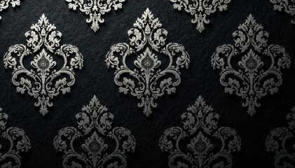 Subtle geometric damask, silver on black fabric, stylish, art