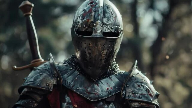 Medieval knight in bloody armor, holding sword, exudes determination in forest background; intense, resolute posture with blurred trees.
