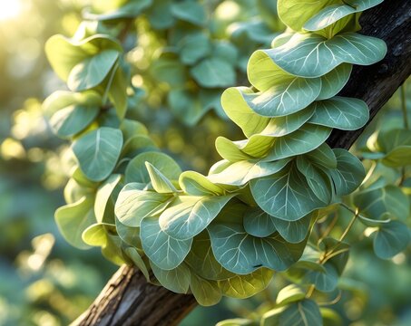 Green Phyllodium-like leaves on branch with sunlight, ideal for nature or botanical themes