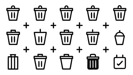 Flat Linear Design Trash Can Icons Set Featuring Isolated Black Trash Bins Ideal for Web and App User Interface Design